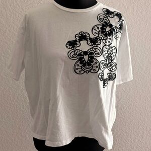 Zara White Tee with Black Embroidery